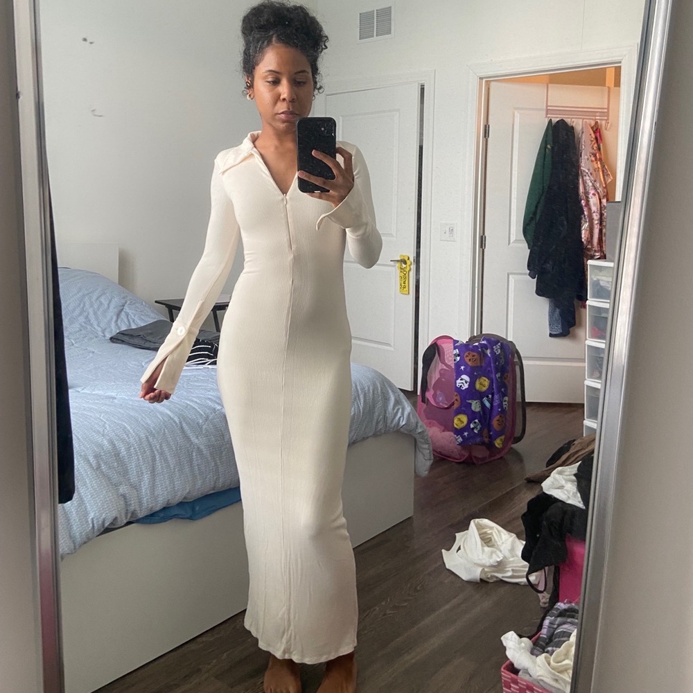 Fully lined maxi Candela dress by The Line By K in the color vanilla. Size S